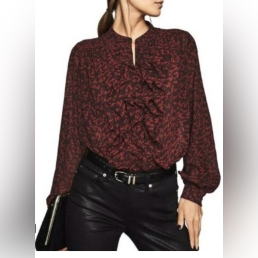 Reiss Red Ruffled Long Sleeve Blouse with Mandarin Collar